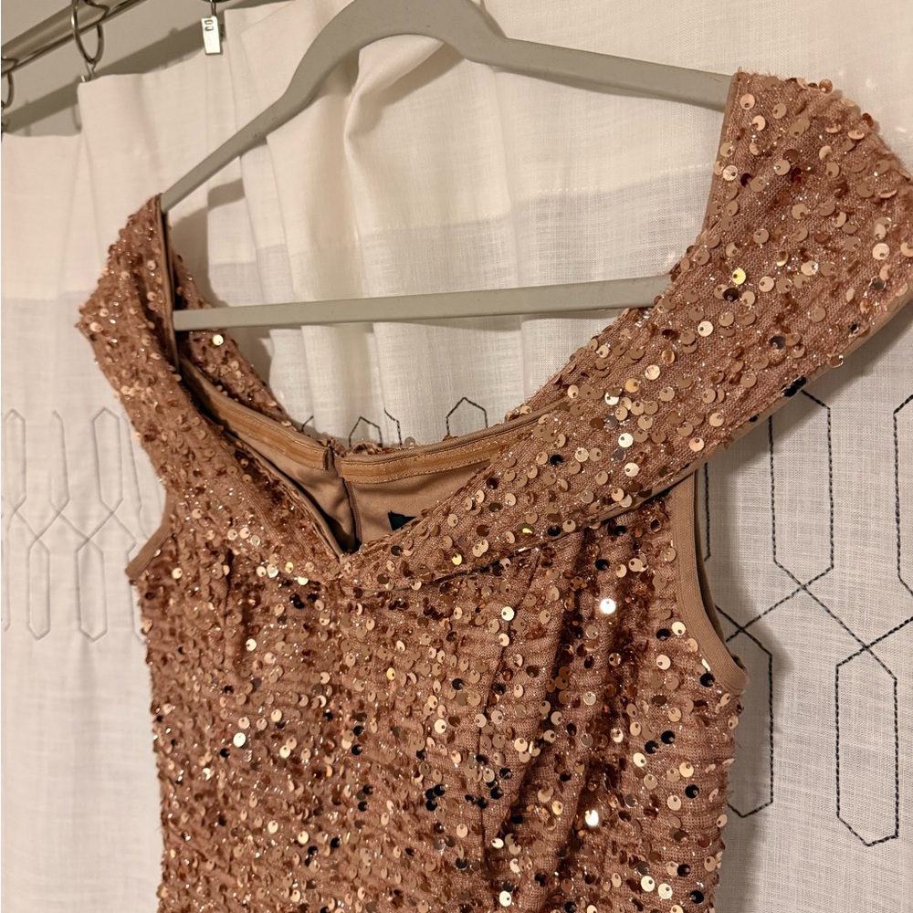 Elegant Rose Gold/Blush Sequin Off-Shoulder Dress - Picture 4 of 8